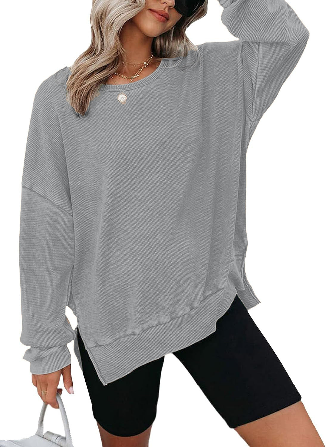 Damen Waffelpullover Lässig Mit Seitenschlitzen Grau Eveloria