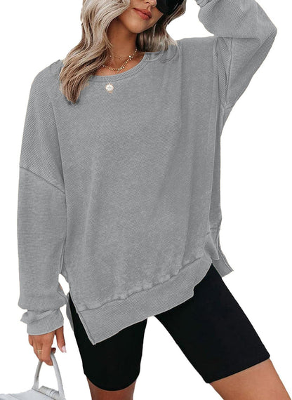 Damen Waffelpullover Lässig Mit Seitenschlitzen Grau Eveloria