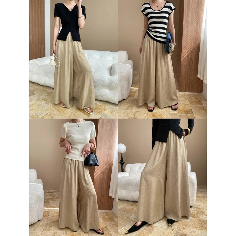 Damen Weite Hose Elastischer Bund Seitentaschen Beige