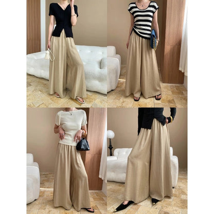 Damen Weite Hose Elastischer Bund Seitentaschen Beige