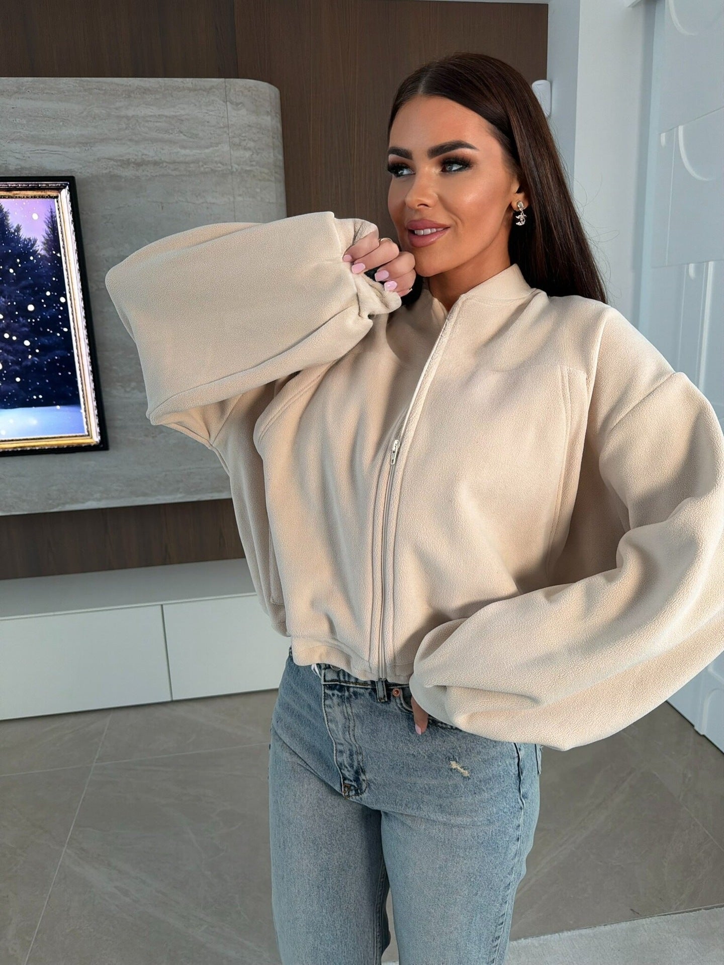 Damen Fleecejacke Hochkragen Reißverschluss Eveloria
