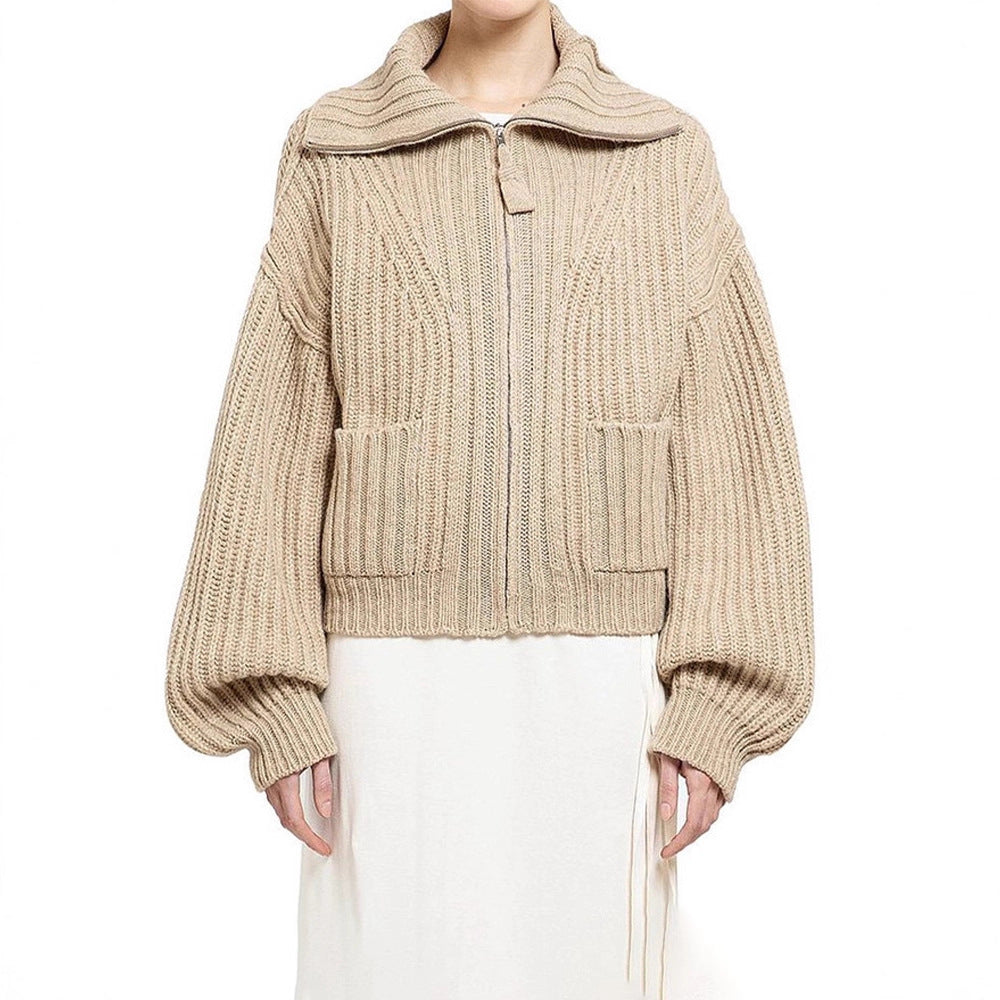 Damen Grobstrickpullover Hochkragen Mit Taschen Beige