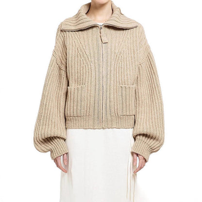 Damen Grobstrickpullover Hochkragen Mit Taschen Beige