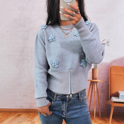 Damen Strickpullover mit Blumenapplikationen und Perlen