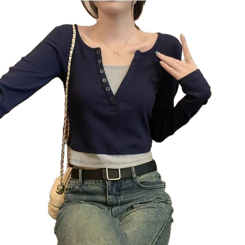 Damen Langarmshirt Rundhalsausschnitt Knopfleiste Eveloria