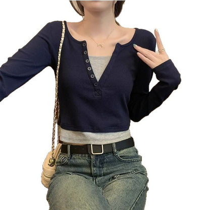Damen Langarmshirt Rundhalsausschnitt Knopfleiste Eveloria