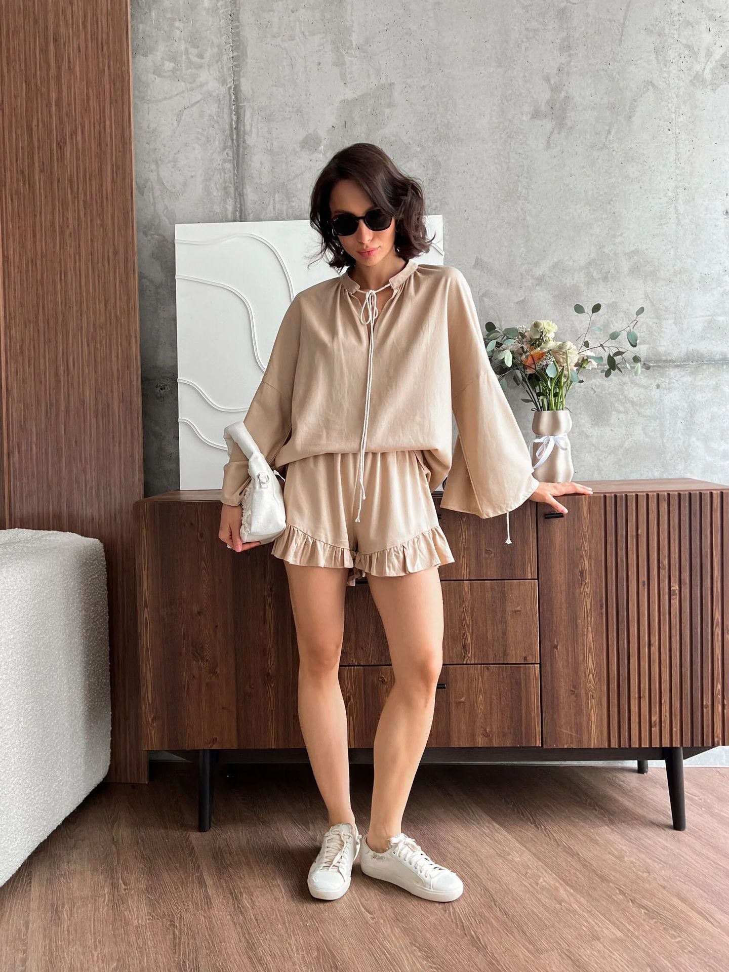 Damen Blusen-Shorts-Set mit Rüschendetails Weites Damen-Set