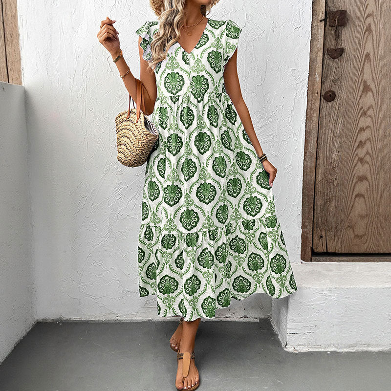 Damen Maxikleid Volantärmel Floralmuster Eveloria