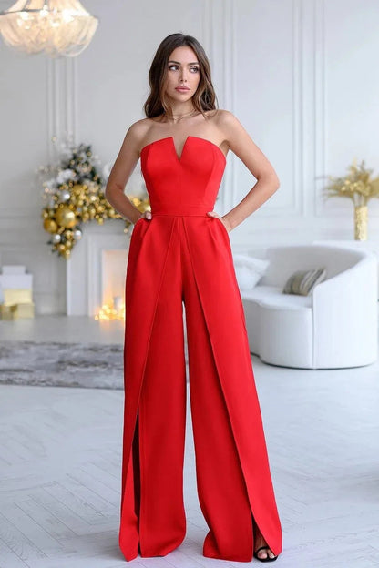 Damen Jumpsuit V-Ausschnitt Schwingende Beine Eveloria