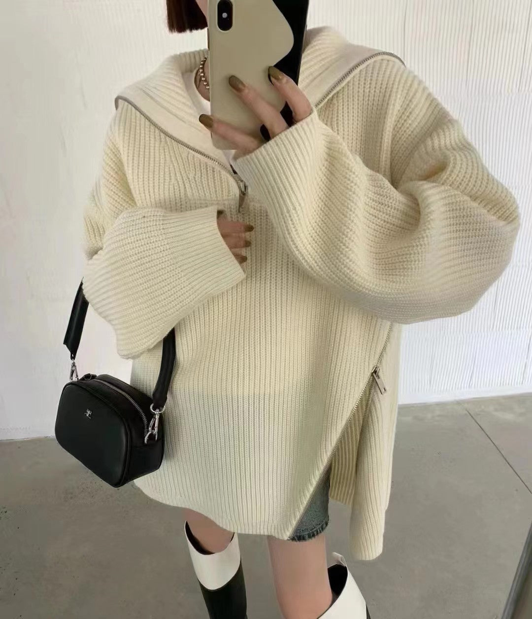 Damen Strickpullover Oversized mit Reißverschluss Eveloria