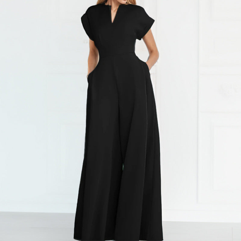 Damen Jumpsuit Weites Bein Eleganter Kragen Schwarz Eveloria - Eveloria