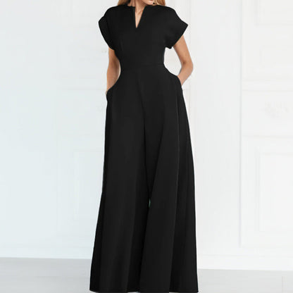 Damen Jumpsuit Weites Bein Eleganter Kragen Schwarz Eveloria - Eveloria