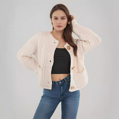 Damen Strickjacke Großknöpfe Aufgesetzte Taschen Kuschelig Braun