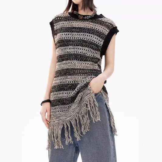 Damen Stricktop mit Fransen und Lochmuster Beige - Eveloria