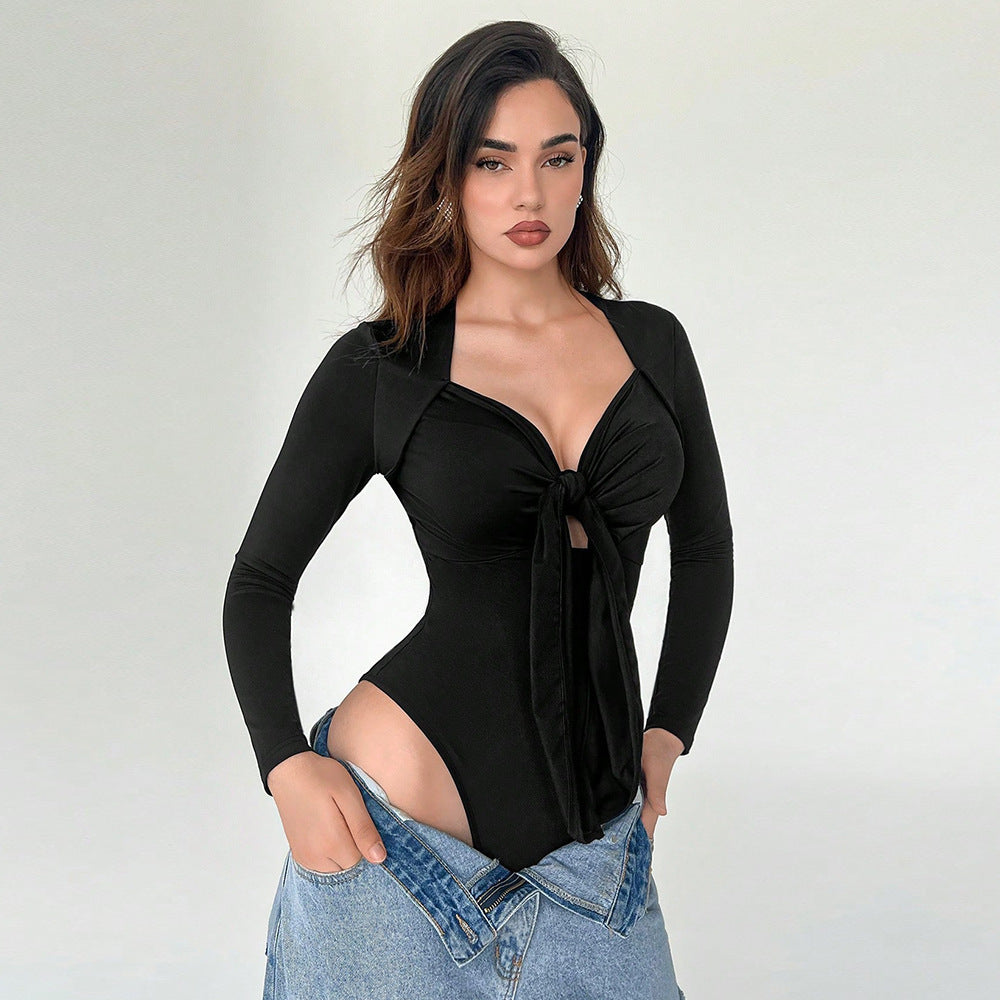 Damen Bodysuit mit V-Ausschnitt und Knotendetail Schwarz - Eveloria