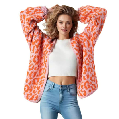 Damen Strickjacke Leopardenmuster Oversized Voluminöse Ärmel
