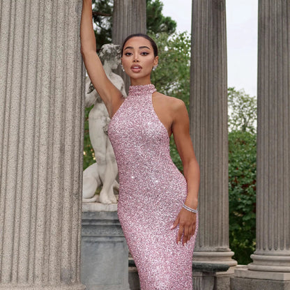 Damen Abendkleid Glitzernd Hochkragen Figurbetont Eveloria