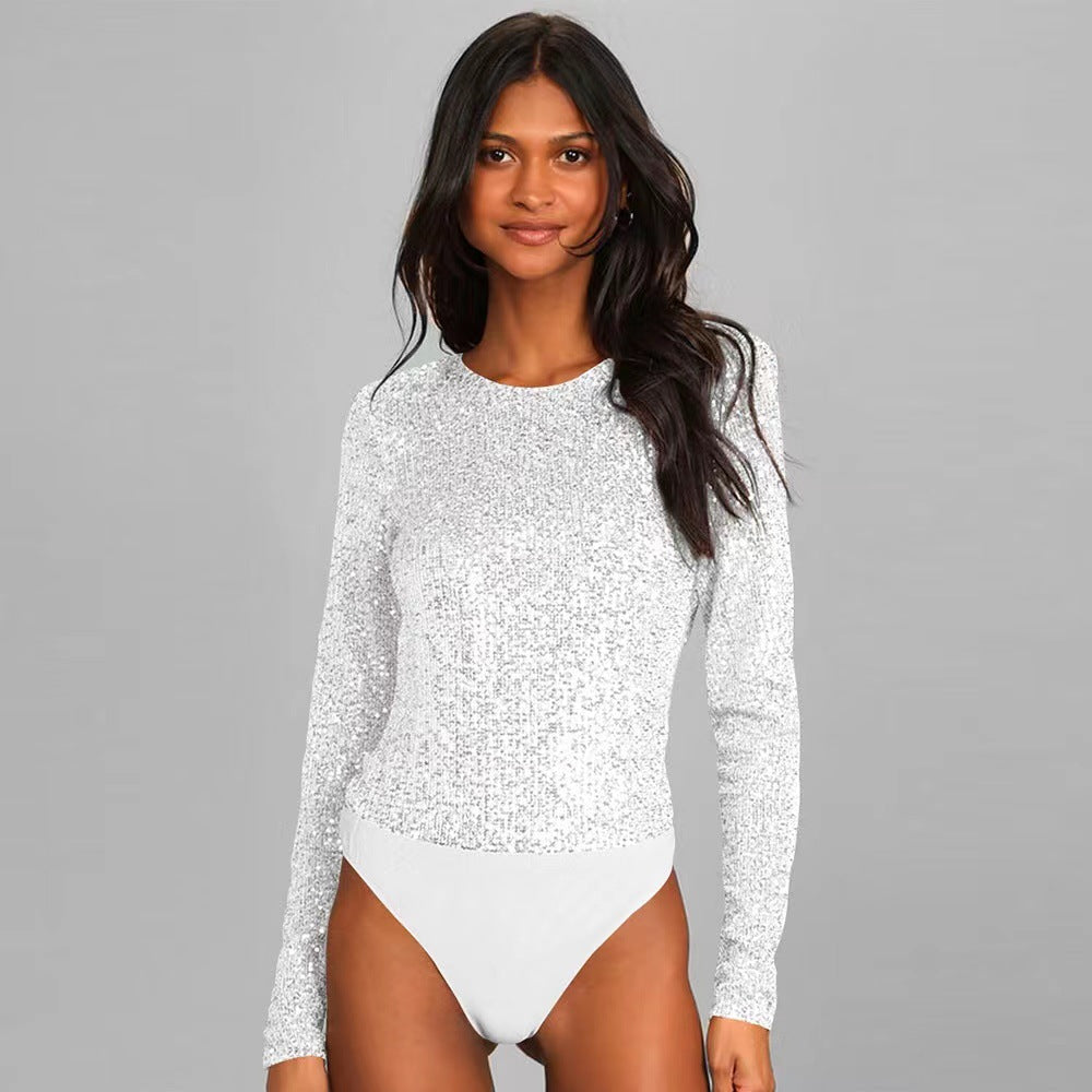 Damen Glitzerbodysuit Langer Ärmel Schimmerstoff Eveloria