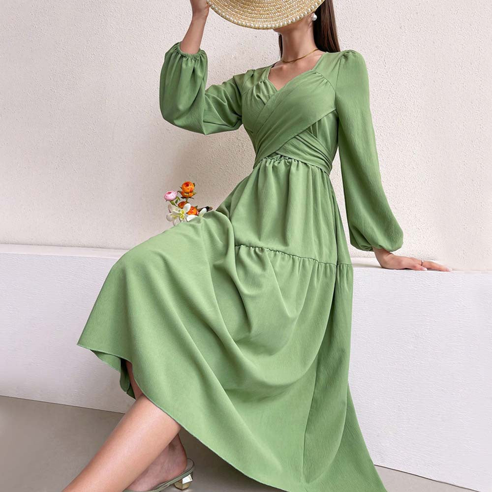 Damen Midikleid Wickeldetail Voluminöse Ärmel Eveloria