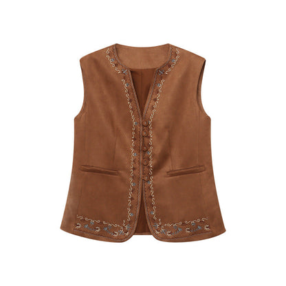 Damen Wildlederweste Elegant Stickerei Braun Eveloria