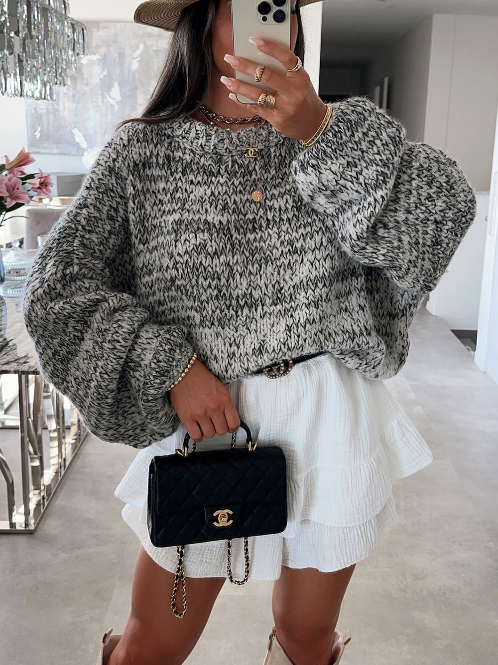 Damen Strickpullover Voluminöse Ärmel Kuschelig Grau Eveloria
