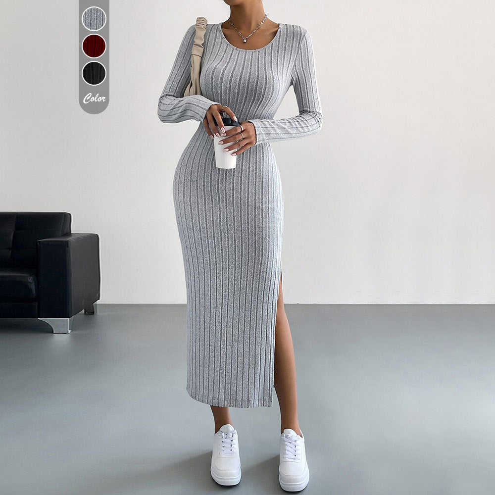 Damen Strickmaxikleid Langer Ärmel Seitenschlitz Eveloria - Eveloria
