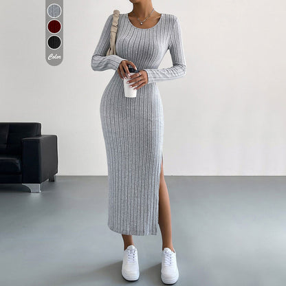 Damen Strickmaxikleid Langer Ärmel Seitenschlitz Eveloria - Eveloria