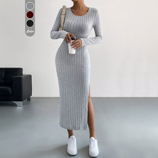 Damen Strickmaxikleid Langer Ärmel Seitenschlitz Eveloria - Eveloria