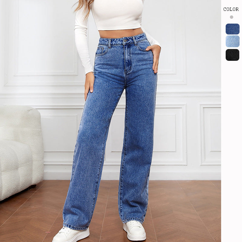 Damen High-Waist Jeans Weit Bequem Blau Eveloria - Eveloria