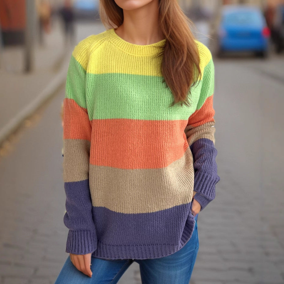 Damen Strickpullover Gestreift Bunt Lässig