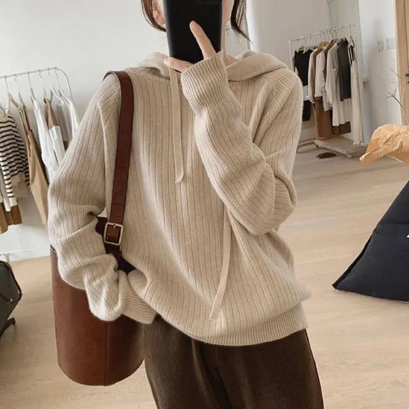 Damen Kapuzenpullover Feine Rippstruktur Lässiger Schnitt Schwarz - Eveloria