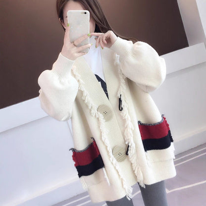 Damen Strickjacke Lässig Französische Details Beige