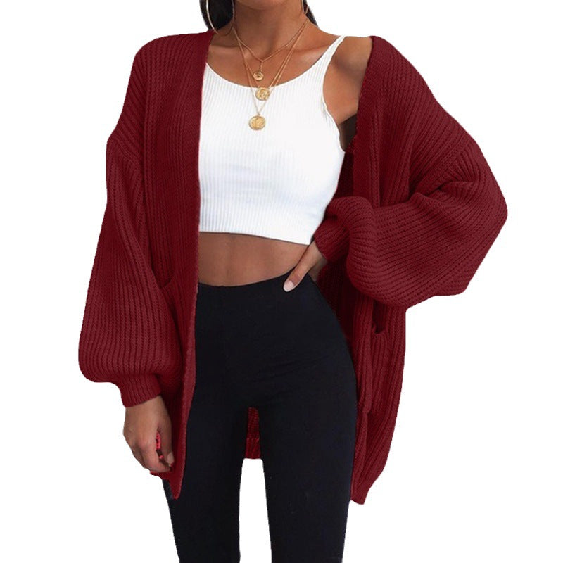 Damen Grobstrick Cardigan Oversized Ärmel Praktische Taschen