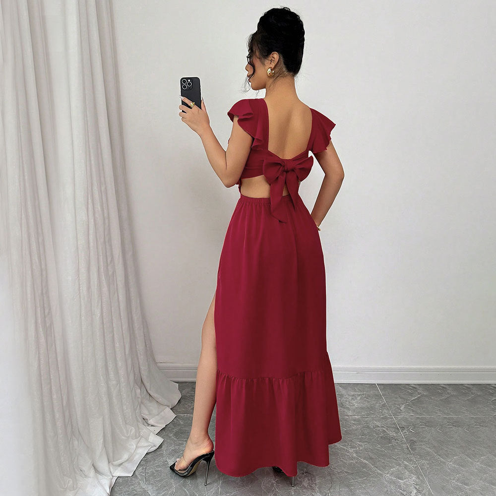 Damen Maxikleid Voluminöse Rüschen Rückenausschnitt Eveloria