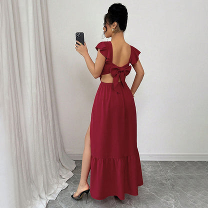 Damen Maxikleid Voluminöse Rüschen Rückenausschnitt Eveloria
