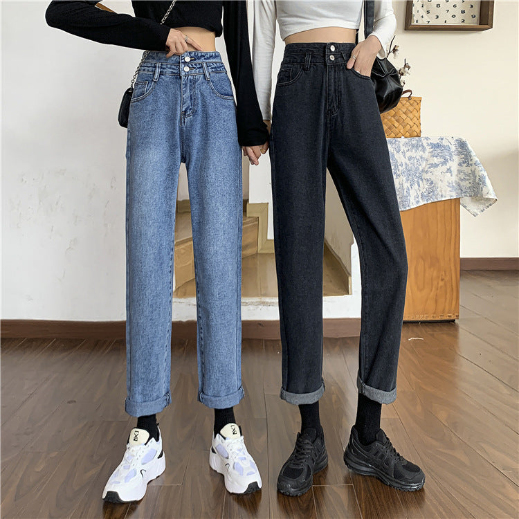 Damen Mom-Jeans Hochtaillierte Abnehmbare Säume Blau Eveloria