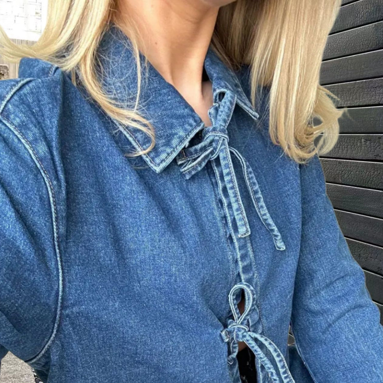 Damen Jeansjacke Dekorativen Schleifen Praktische Taschen Blau