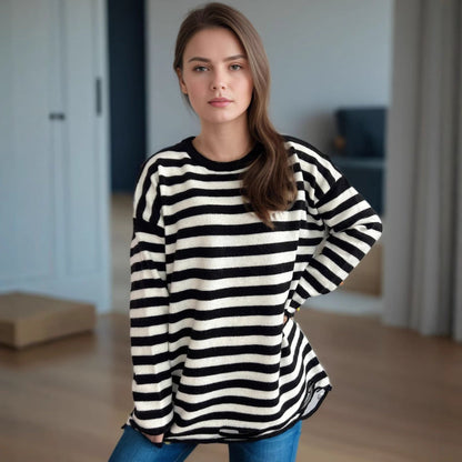 Damen Oversized-Pullover Gestrickt Lässiges Streifenmuster