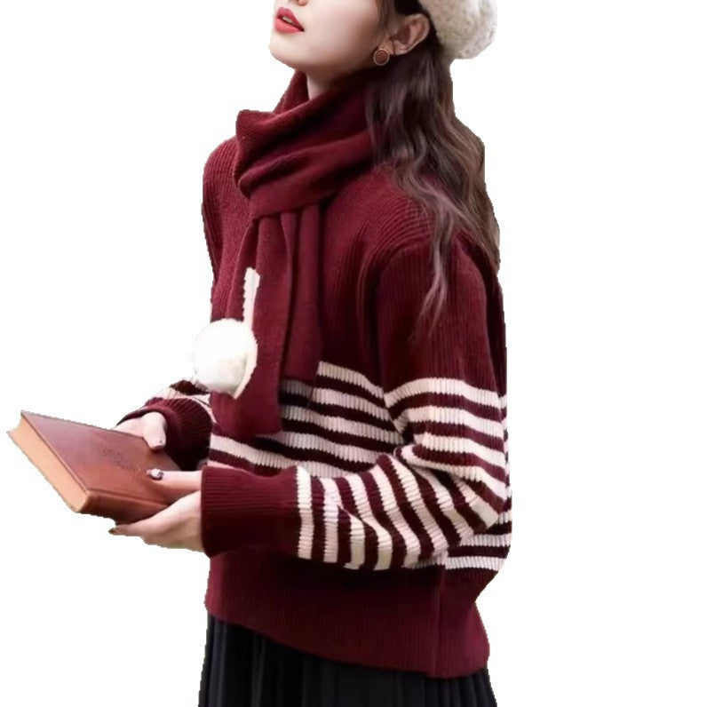 Damen Strickpullover Hochkragen Streifenmuster Eveloria