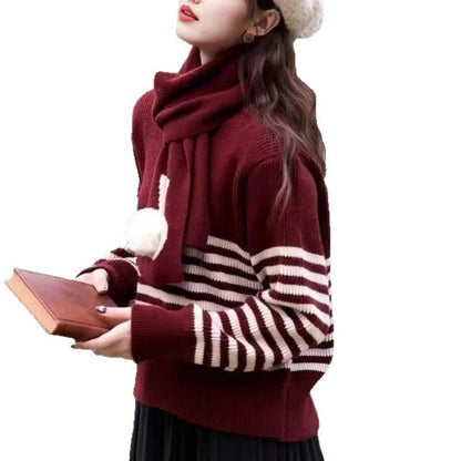 Damen Strickpullover Hochkragen Streifenmuster Eveloria