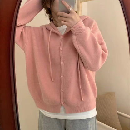 Damen Strickjacke mit Kapuze und Knopfverschluss