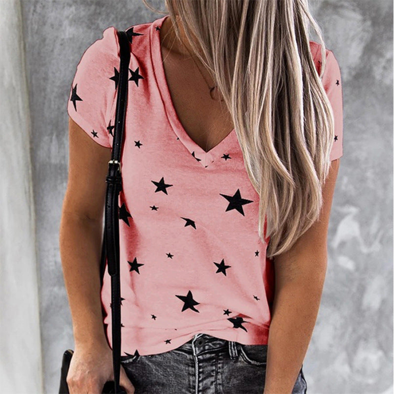 Damen T-Shirt V-Ausschnitt Sternenmotiv Lässig Weiß