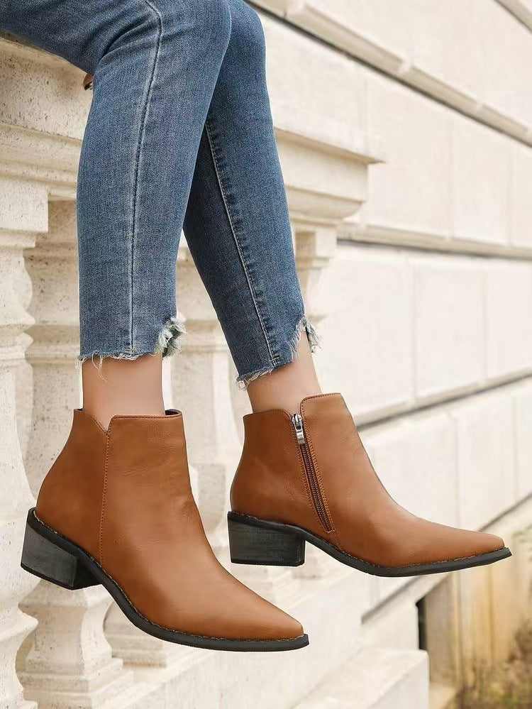 Eveloria Damen Stiefeletten Kunstleder Spitz Niedriger Blockabsatz