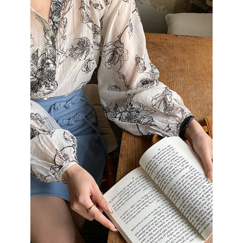 Damen Bluse Floralmuster Knopfdetails Eveloria