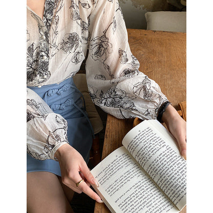 Damen Bluse Floralmuster Knopfdetails Eveloria