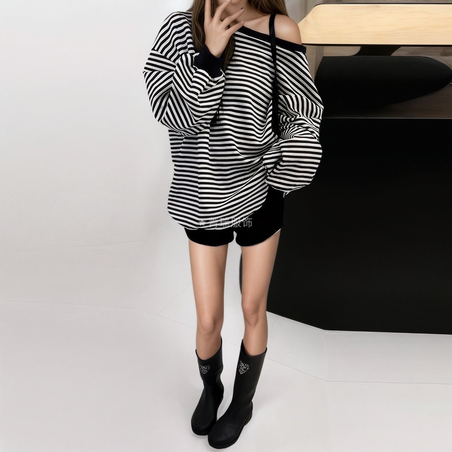 Damen Oversized Pullover Streifenmuster Grau