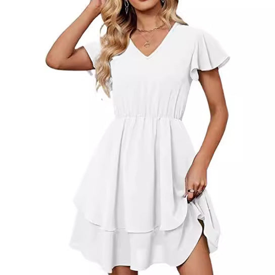 Damen Freizeitkleid Fließender Rock Rüschenärmel Eveloria