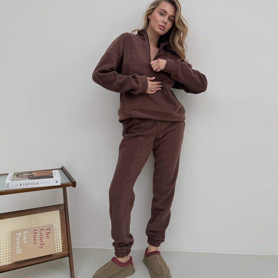 Damen Fleece-Loungewear-Set Halblang Reißverschluss Elastisch