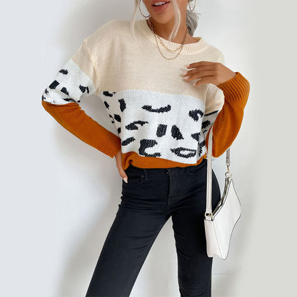 Damen Strickpullover Farbblock-Design Tiermuster