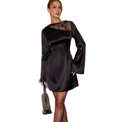 Damen Minikleid Chiffon Spitzenbesatz Voluminöse Ärmel